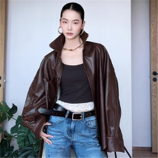 批发CIZZLEMORE【质感<b class='q'>OL</b>】老钱风明线翻领皮衣<b class='q'>衬衫</b>宽松廓形中长款上衣