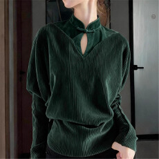 批发新中式国风墨绿色拼接盘扣水滴领灯芯绒<b class='q'>旗袍</b>上衣女25秋复古风小衫