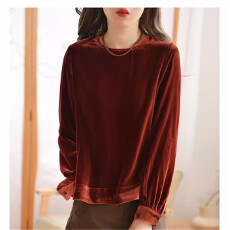 批发GESGOO安可拉红<b class='q'>真丝</b>丝绒<b class='q'>衬衫</b>女长袖上衣2025新款秋季圆领复古<b class='q'>衬衣</b>