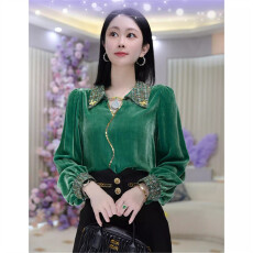 批发秋冬新款时尚洋气高级绿色金丝绒上衣女独特漂亮轻奢减龄<b class='q'>打底衬衫</b>