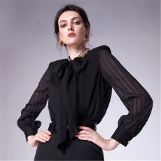 批发AUI黑色气质独特别致雪纺衬衫女2025春季新款设计感小众上衣衬衣