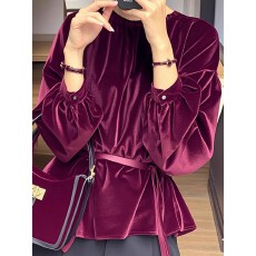 批发点点秋季新款法式轻熟风时尚百搭显瘦减龄超好看酒红色收腰衬衫女