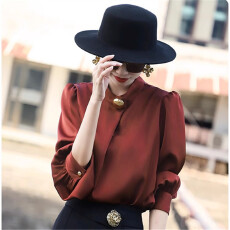 批发兰瑟儿高级感2025早<b class='q'>秋</b>新款气质通勤金属扣立领长袖酒红衬衫上衣