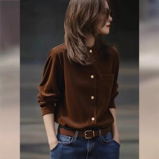 批发早秋巨好看轻熟棕色衬衫上衣女2025年新款法式气质高级感长袖小衫
