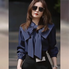 批发蓝色蝴蝶结<b class='q'>长袖</b>衬衫女装秋季2025新款高级感气质独特别致宽松上衣