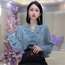 批发法式宫廷风荷叶领蓝色金丝绒<b class='q'>衬衫女</b>秋冬2025新款高级贵妇上衣高端