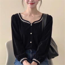 批发法式高级感黑色U领撞色灯笼袖丝绒上衣女25冬设计感小众绝美小衫