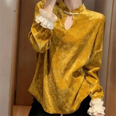 批发新中式卡其黄色丝绒衬衫女2025独特超好看木耳边拼接盘扣国风小衫