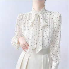 批发韩帛雅蝴蝶结飘带雪纺<b class='q'>衬衫女</b>内搭叠穿<b class='q'>长袖</b>法式气质小清新立领上衣