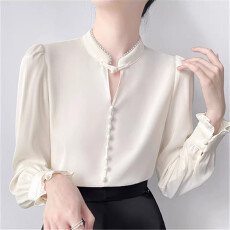 批发韩帛雅高级感轻奢百搭珍珠立领<b class='q'>衬衫女</b>气质显瘦新中式盘扣缎面上衣