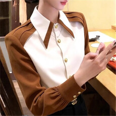批发春季气质高级感巨好看轻熟百搭打底上衣设计感复古翻领撞色衬衫女
