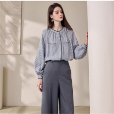 蓝色条纹圆领衬衫女春季时尚直筒衬衣百搭宽松上衣
