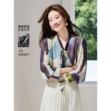 批发2026新款春<b class='q'>秋</b>数码印花晕染蝴蝶结系带长袖衬衫上衣女宽松衬衣小衫