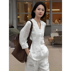 批发新中式刺绣v领<b class='q'>长袖</b>白色<b class='q'>衬衫</b>女夏季2025新款欧货小衫休闲独特上衣