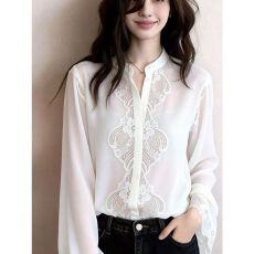 批发法式浪漫风白色蕾丝拼接长袖衬衫女高级感轻奢<b class='q'>大码</b>上衣2026年新款