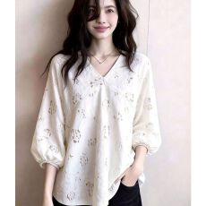 批发淑女风V领镂空刺绣衬衫女白色宽松显瘦设计感<b class='q'>大码</b>上衣2026年新款