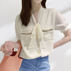 批发小香风设计感拼接 双绉<b class='q'>真丝</b>拼花呢布短袖<b class='q'>衬衫</b> 飘带蝴蝶结双层上衣