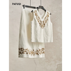 批发高级感<b class='q'>亚麻</b>轻薄V领无袖背心马甲夏直筒半身裙气质一整套ootd穿搭