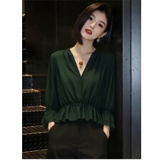 批发V领复古独特七分袖衬衫2026春夏<b class='q'>新款</b>女装减龄气质上衣百搭<b class='q'>雪纺衫</b>