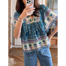 批发复古波西米亚风印花衬衫2026年夏季<b class='q'>大码</b>女装V领显瘦减龄短袖上衣