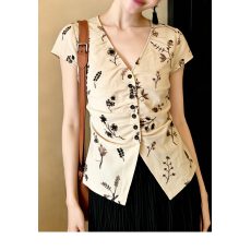 批发高级感V领短袖印花上衣女2026年夏季新款白色修身设计感纽扣衬衫