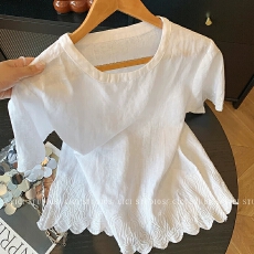 批发白色刺绣花边亚麻短袖<b class='q'>t</b><b class='q'>恤</b>女夏季2026新款小个子休闲显瘦宽松<b class='q'>衬衫</b>