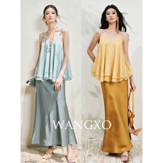 批发WANGXO｜蝉翼抓皱<b class='q'>欧根纱</b>＆丝般滑爽双面缎｜琉璃串珠伞摆吊带半裙