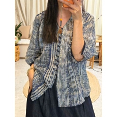 批发D276蓝调民族风苎麻衬衫女夏季宽松显瘦V领七分袖透气<b class='q'>防晒</b>开衫