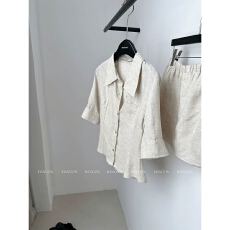 批发BANGON INS 老钱风亚麻套装裙掐腰显瘦衬衫半身裙气质两件套夏季