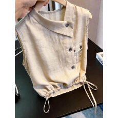 批发夏季独特别致不规则polo领无袖衬衫女设计感小众抽褶短款上衣