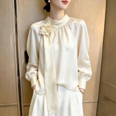 批发法式飘带立体花<b class='q'>长袖</b><b class='q'>衬衫</b>女2026秋季新款高级感宽松显瘦百搭上衣