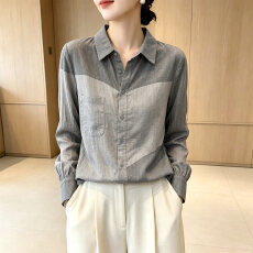 批发法式撞色拼接<b class='q'>长袖</b>衬衫女装秋季新款宽松翻领上衣气质休闲<b class='q'>外</b><b class='q'>搭</b>衬衣