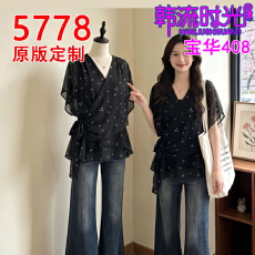 批发黑色波点V领正肩雪纺衫女2026夏季新款胖mm绑带收腰洋气减龄上衣