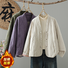 批发实拍复古中式V领盘扣夹棉棉服2025年冬季新款休闲保暖提花棉袄女