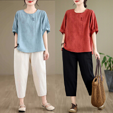 批发实拍2026夏季小个子宽松显瘦棉麻中式提花上衣休闲<b class='q'>哈伦</b>裤套装女