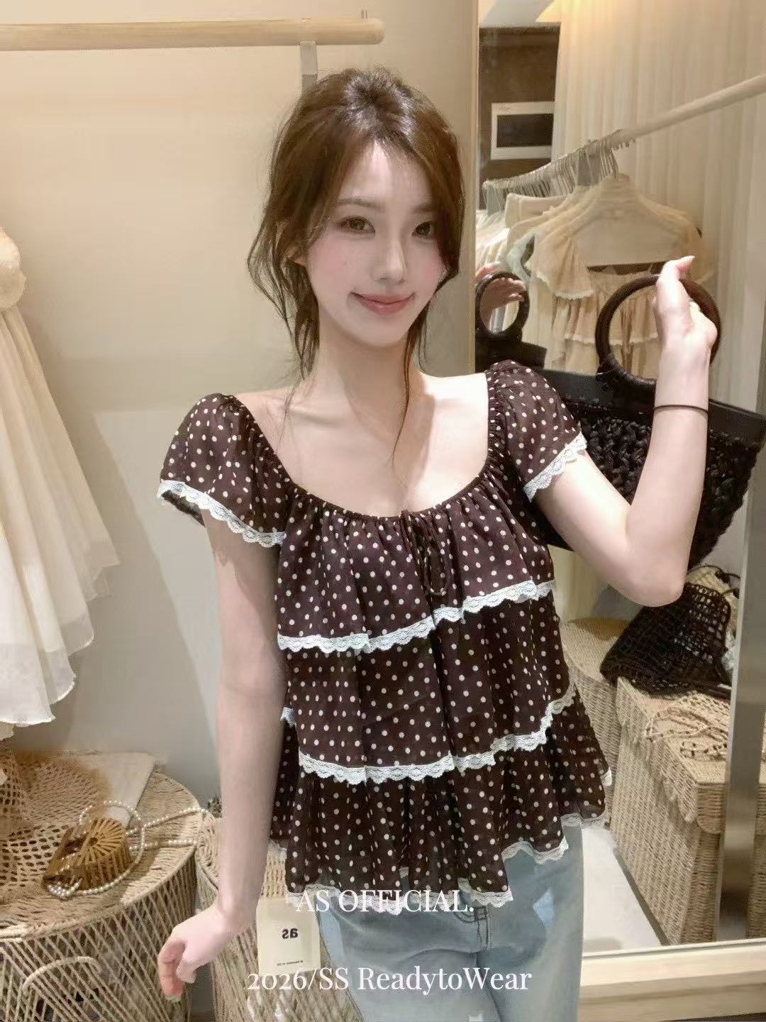 재고 있음 여름 다용도 분위기 도트 무늬 프릴 레이스 계층의 감각 작은 셔츠 맨위