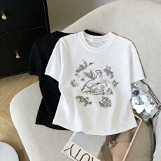 批发实拍 重工飞马刺绣圆领短袖<b class='q'>针织衫</b>女百搭时尚毛衣上衣t恤