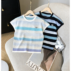 批发实拍 新款夏季圆领条纹笑脸宽松<b class='q'>针织衫</b>竹节麻透气t恤短袖上衣女