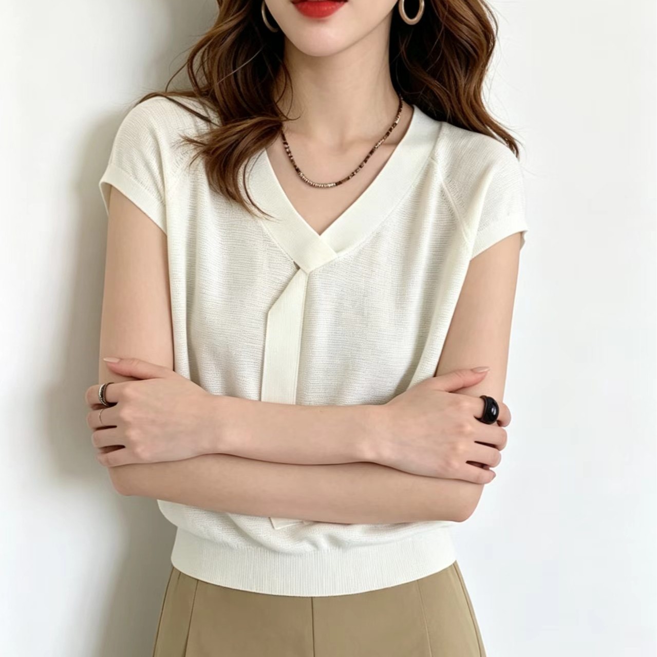 실사 한국 우아함 바람 V넥 플러스 넥타이 목도리 디자인 센스 초박형 니트 스웨터 티셔츠 여성 셔츠 반팔 여름