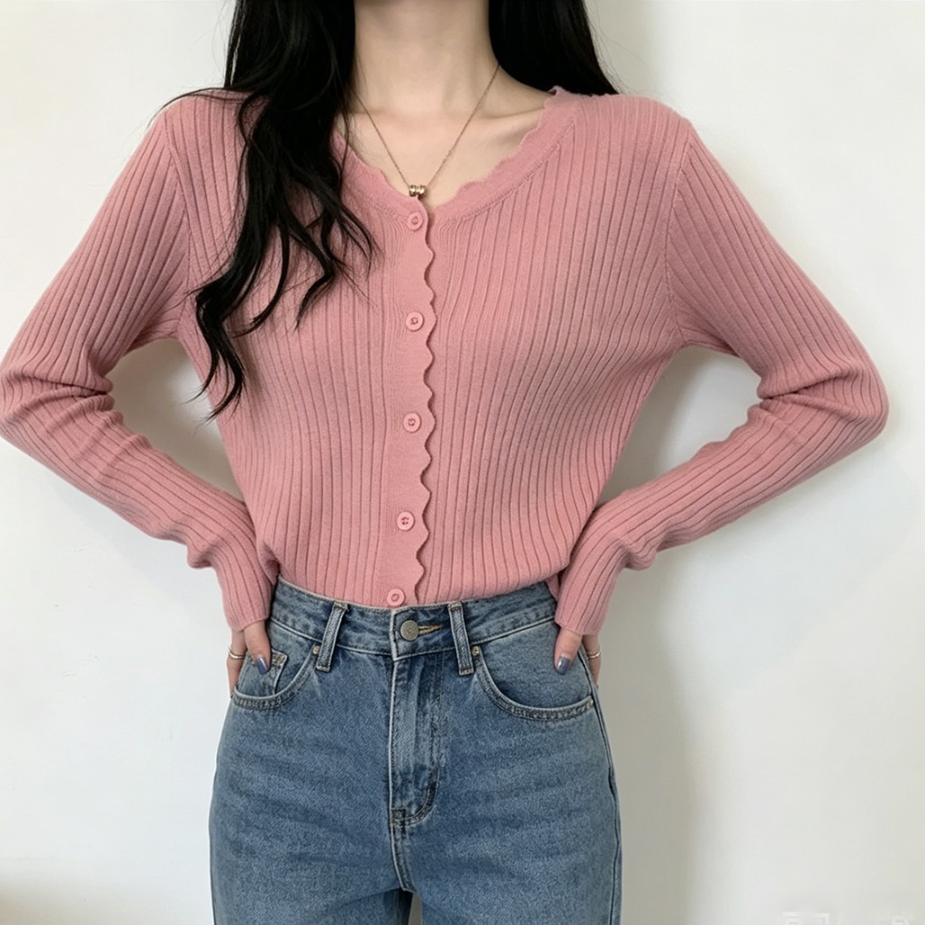 실사 chic 한국 봄 V넥 레이스 싱글 줄 버튼 루즈핏 핏 스타일 니트 오픈 가디건 맨위 여성 재킷 긴팔