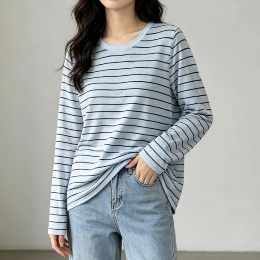 실사 한 부서 봄 여름 라운드 넥 루즈핏 대 핏 스타일 스트라이프 니트 스웨터 초박형 티셔츠 여성 셔츠 긴팔 자외선 차단 의류