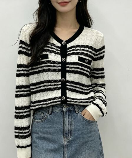 실사 ins 한 부서 우아함 품격 V넥 스트라이프 홀로우 아웃 초박형 니트 오픈 가디건 긴팔 여성 자외선 차단 의류 봄 여름
