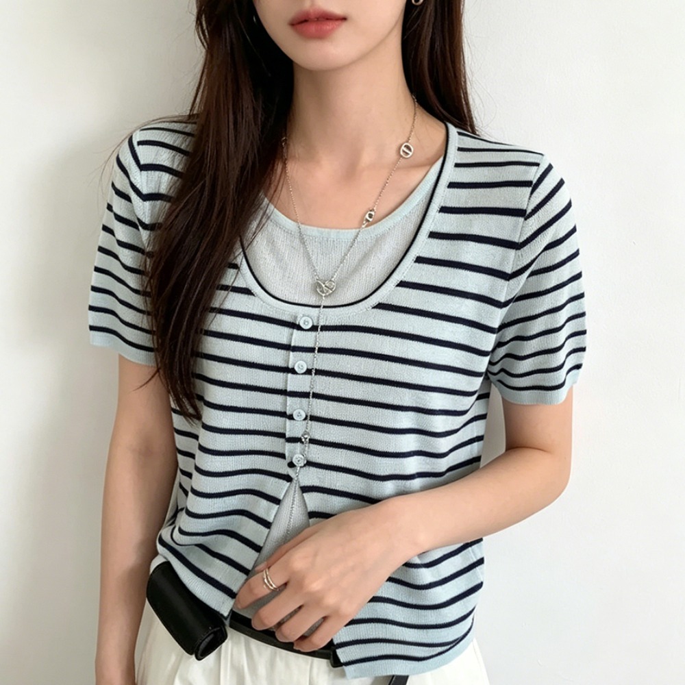 실사 2026 년 새로운 라운드 넥 대나무 마디 마 페이크 레이어드 니트 얇은 스타일 티셔츠 반팔 맨위 여성 여름