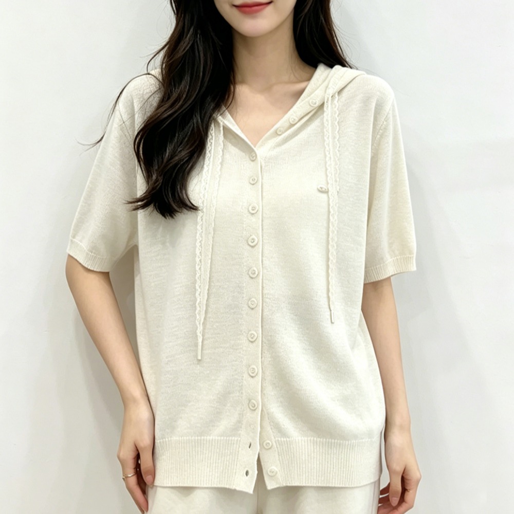 실사 한국 스타일 루즈핏 대 핏 스타일 대나무 마디 마 펌프 로프 후드 니트 얇은 오픈 가디건 반팔 맨위 여성 여름