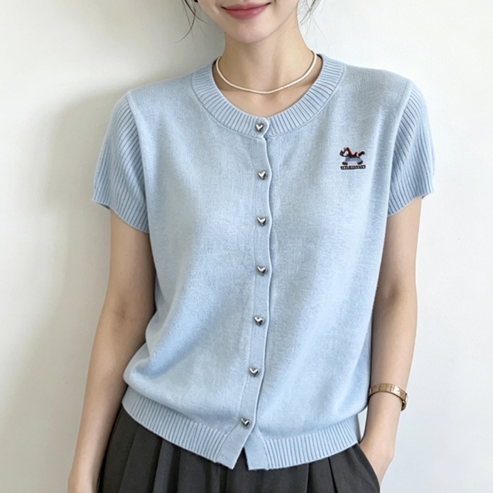 실사 한국 동대문 라운드 넥 단일 행 단추 작은 말 자수 니트 오픈 가디건 반팔 티셔츠 여름 얇은 맨위
