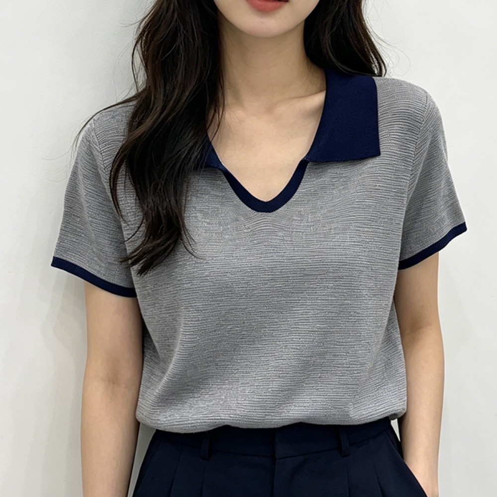 실사 한 부서 학원 스타일 단색 작은 v 폴로 칼라 높음 질감 니트 티셔츠 반팔 2026 여름 반소매 맨위