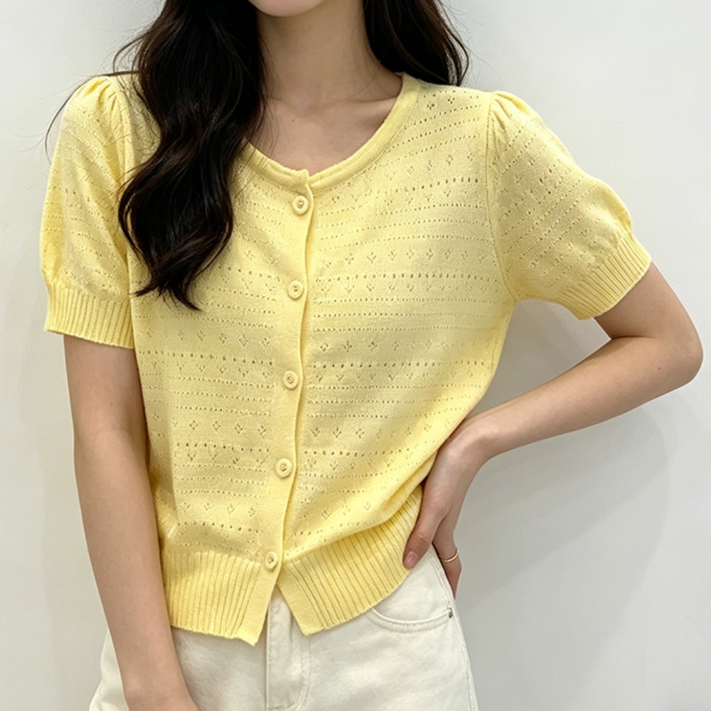 실사 한국 동대문 여름 라운드 넥 단추 작은 샤넬 스타일 반팔 티셔츠 여성 홀로우 아웃 얇은 스타일 니트 오픈 가디건
