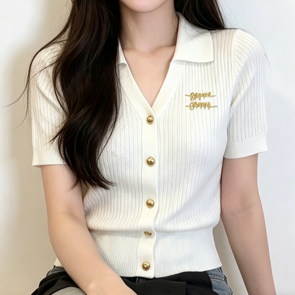 실사 한 부서 작은 v 폴로 칼라 금속 단추 몸매 가꾸기 니트 스웨터 오픈 가디건 여성 셔츠 반팔 티셔츠