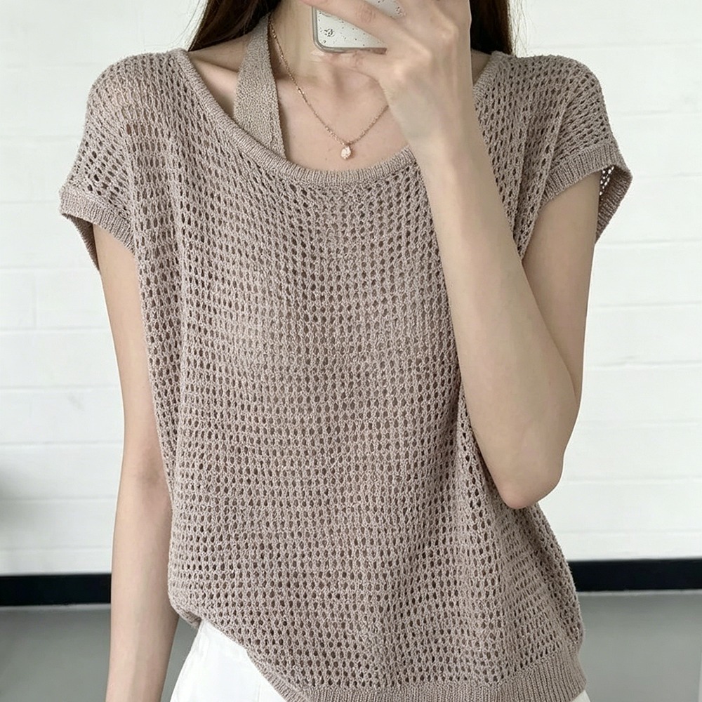 실사 한국 동대문 여름 라운드 넥 단색 홀로우 아웃 슬립 인터넷 구멍 투피스 세트 티셔츠 여성 셔츠 반팔