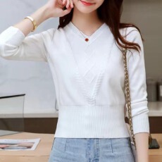 批发秋冬新款v领套头针织衫女上衣<b class='q'>打底衫</b>长袖女